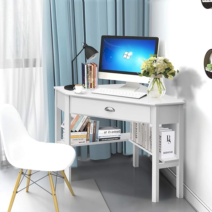 Tangkula White Corner Desk with Drawer Storage Shelves for Computer Makeup Vanity Desk for Small Space 90 Degrees Triangle Desk