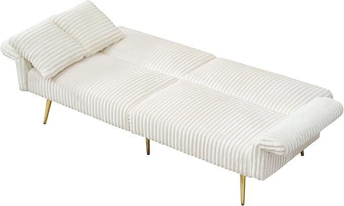 Convertible Sofa Bed Futon Couch Bed with Adjustable Arms and Backrest Modern Love Sofa with Gold Metal Legs for Living Room Bedroom (Corduroy Fabric in Cream White 79Wx29.33Dx27.6H)