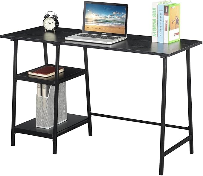Pemberly Row Modern Trestle Wood Metal Desk Black Wood Grain Finish 47 in x 20 in x 29.25 in Particle Board and Powder Coated Metal Removable Shelves Home Office Workstation Desk
