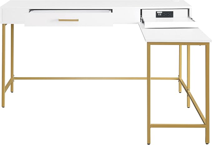 OSP Home Furnishings Modern Life Contemporary L-Shaped Desk with Large Drawer and Built-in Power Charging Port White