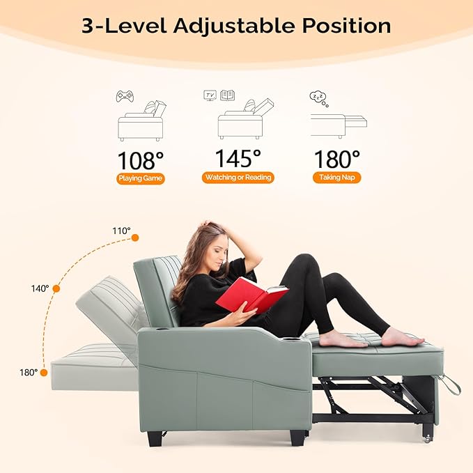 VINGLI Green Futon Sofa Bed Convertible Loveseat Sleeper Couch Faux Leather Pullout Sofa Fold Out Couch Bed with USB Ports Cup Holders Armrest for Living Room Bedroom Apartment Room