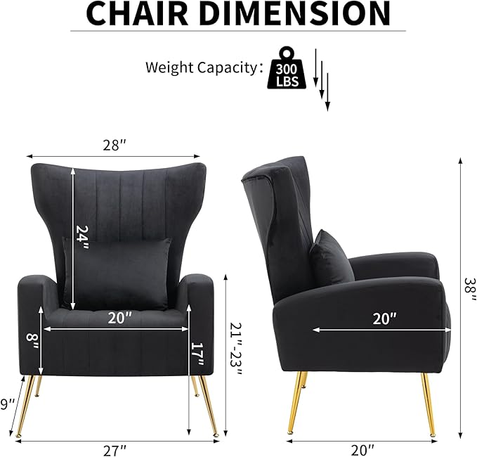 Velvet Accent Arm Chairs Set of 2 with Wingback &amp Lumbar Pillow Modern Armchairs for Living Room Bedroom Guest Reception Side Chairs for Office Gold Finish Black