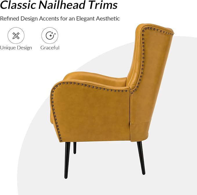Upholstered Faux Leather Accent Chair with Black Metal Legs Comfy Armchair with Removable Cushion &amp Nailhead Trim Wingback Vanity Chair for Reading Living Room Bedroom