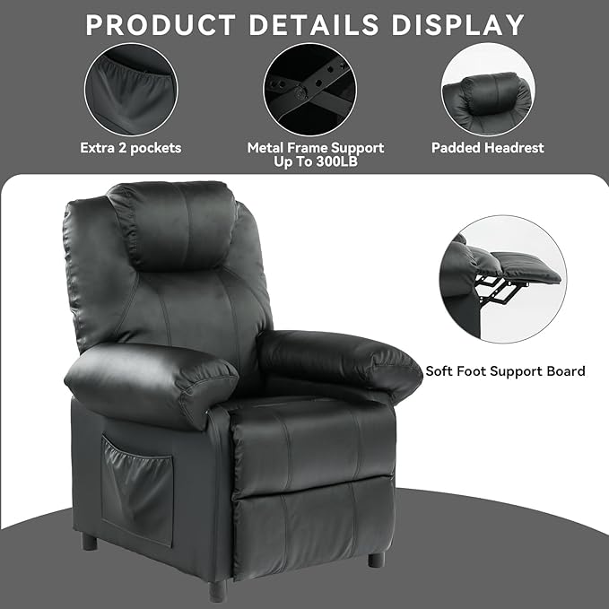 KCREAM Pushback Recliner Chair with Massage and Heat Overstuffed Manual Reclining Chair Single Sofa for Living Room Push Back Small Leather Recliner Black