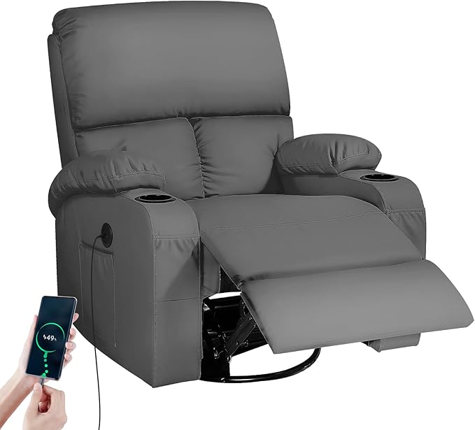 LEVELEVE Rocking Recliner Chair Massage Rocker Recliner Chair with Vibration Massage and Heat USB and Type-C Ports360° Swivel Faux Leather Chairs Living Room Bedroom Nursery RV Dark Grey