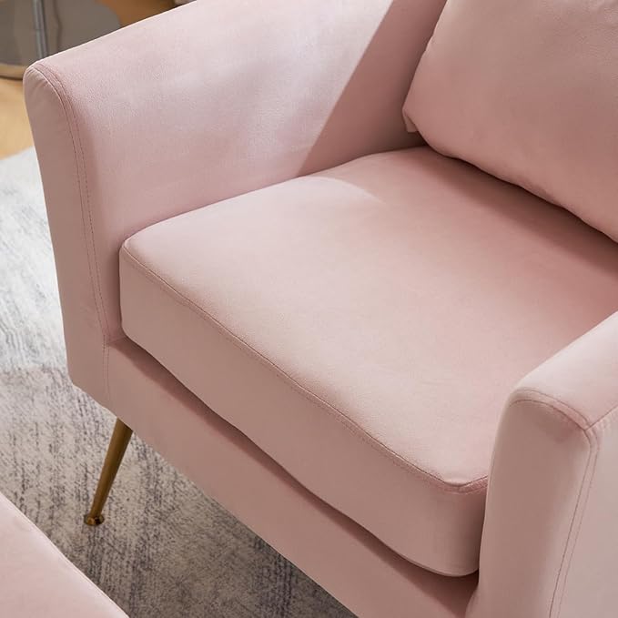 Accent Chair with Ottoman Velvet Wingback Chair with Lumbar Pillow and Footstool Upholstered Single Sofa Chair with Golden Metal Legs Leisure Armchair for Living Room Bedroom Office Pink