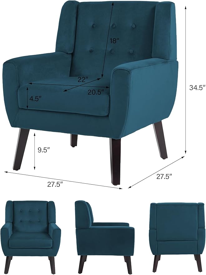 Accent Chair Mid-Century Modern Velvet Fabric Chairs with Arms for Living Room Comfy Upholstered Club Single Sofa Armchair for Bedroom Waiting Room with Solid Wood Frame (Velvet Blue Set of 1)