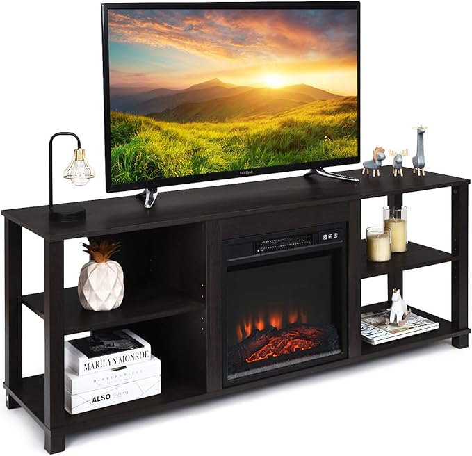 Tangkula 2-Tier TV Stand Entertainment Television Stands Modern Entertainment Centers with Adjustable Shelves Suitable for 18 Electric Fireplace (Not Included)