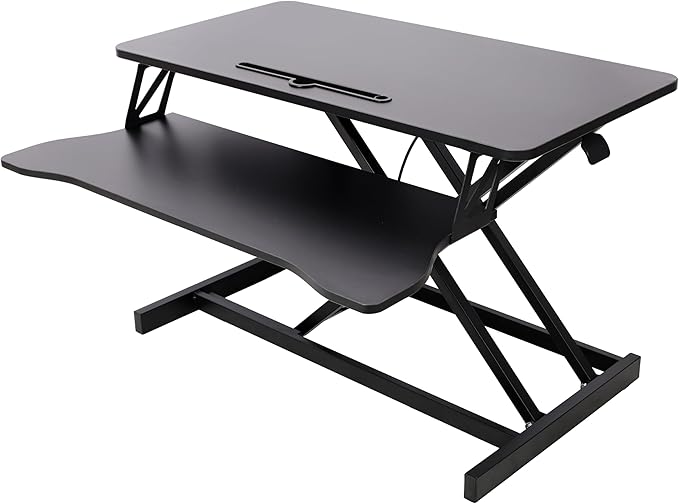 32 Inch Height Adjustable Stand Up Laptop Desk Converter Heavy Duty Standing Computer Workstation Riser with Removable Keyboard Tray for Home Office Workshop Spacious Platform for Monitor Black