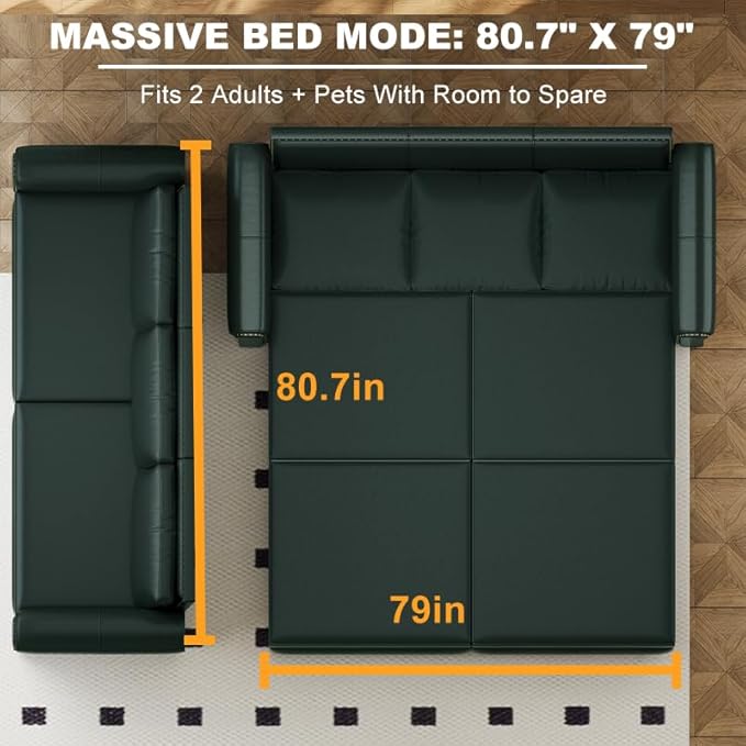 93.7 King Size Sleeper Sofa Bed Pull Out Sofa Bed Faux Leather Upholstery 3 in 1 Convertible Sleeper Couch Chaise Lounge Retro Recliner for Living Room Office Apartment Green