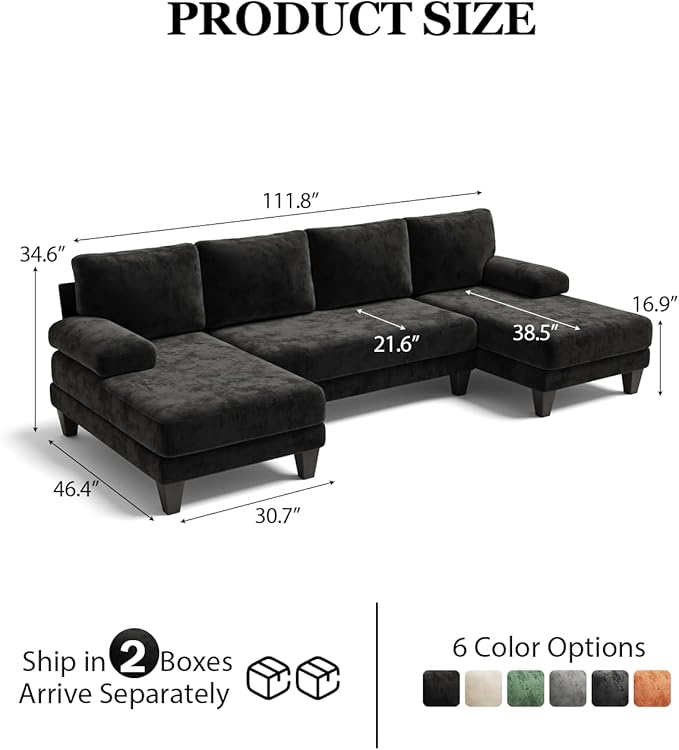 U-Shaped Sectional Couches for Living Room | Cheille Sofa with Double Chaise | 112 Inch Black Sectionals Couch for Apartment
