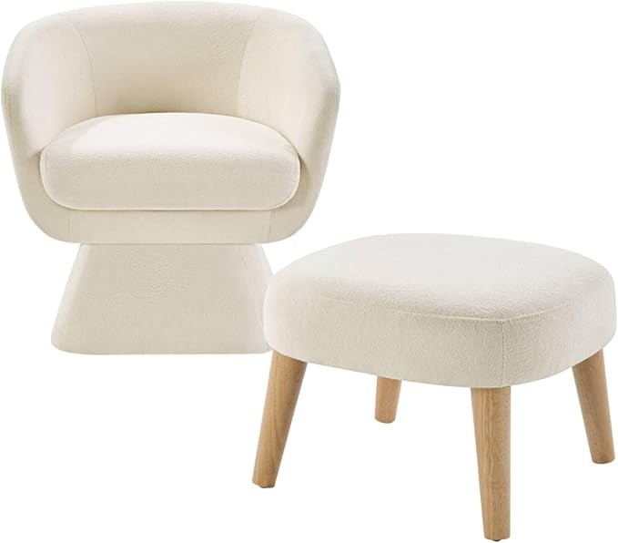 360° Swivel Accent Chair with Ottoman Sherpa Boucle Small Barrel Chair with Footrest Modern Reading Chair for Living Room Bedroom Office Study Room Compact Corner Chair for Small Spaces(Beige)