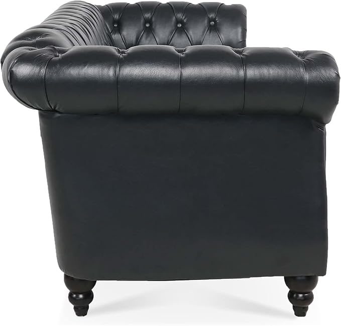 Ball &amp Cast 84 Chesterfield Leather Sofa with Channel Tufted Seat BackClassic 3 Seater Couch w/Roll Arm Nailhead Trim and UpholsteredMid Century Furniture for Living RoomBedroomOfficeBlack P