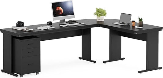 Tribesigns 83 Inch L-Shaped Office Desk Large Executive Computer Desk with 3-Drawer File Cabinet Industrial Corner Desk with Storage Drawers Business Furniture Work Desk for Home Office (Black)