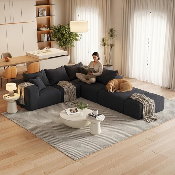 KEIKI 132 Boneless Sofa with Ottoman L Shaped Corner Couch Upholstered Corduroy Free Combination Sectional Couch for Living Room Bedroom Black