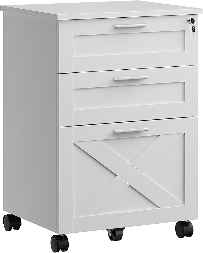 Secure 3-Drawer Wood File Cabinet with Lock – Mobile Under Desk Filing Cabinet Fits Letter/Legal/a4 Rolling Cabinet with Wheels – Classic Color