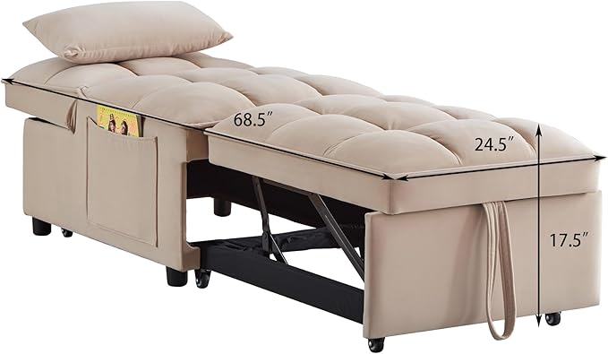 4 in1 Multi-Function Single Sofa Bed with Storage PocketsTufted Single Pull-Out Sofa Bed with Adjustable Backrest and PillowsConvertible Chaise Loungefor Small Room Apartment (Taupe)
