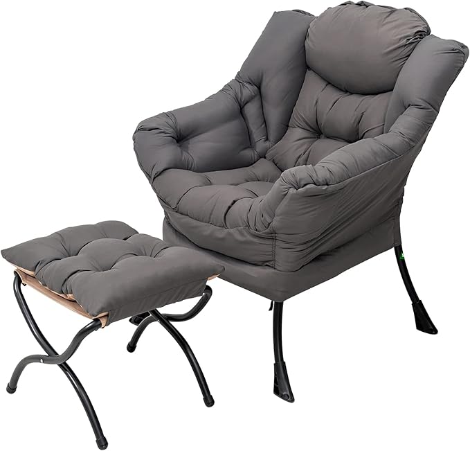 Lazy Chair with Ottoman Large Dark Grey Accent Chair with a Side Pocket Modern Leisure Upholstered Sofa Reading Armchair with Footrest for Office Bedroom Living Room Dorm Rooms Balcony