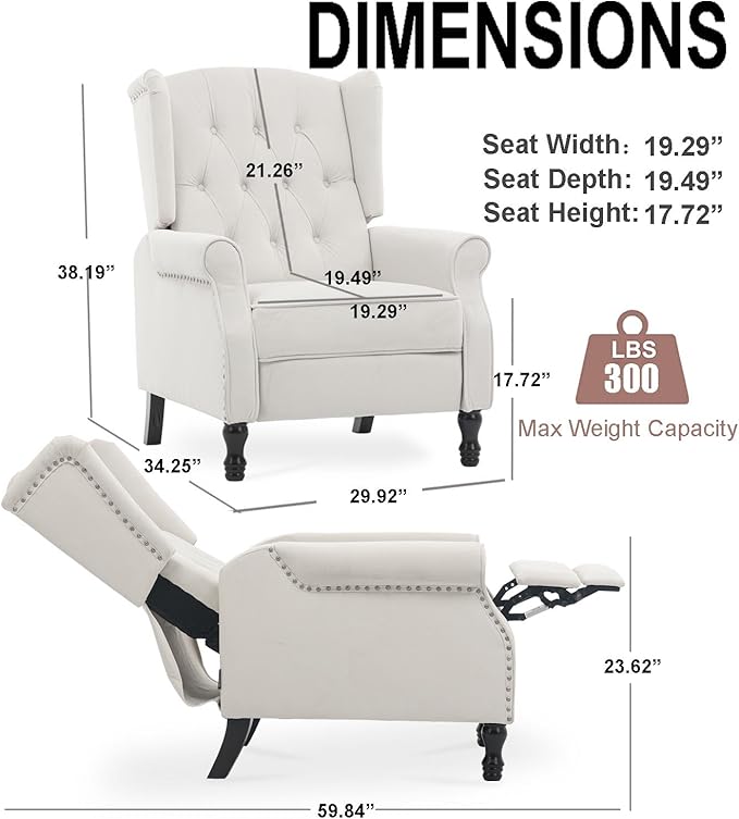 Velvet Accent Chair Push Back Recliner Chair Wingback Arm Chair for Living Room/Bedroom/Home Theater/Reception Area Light Beige