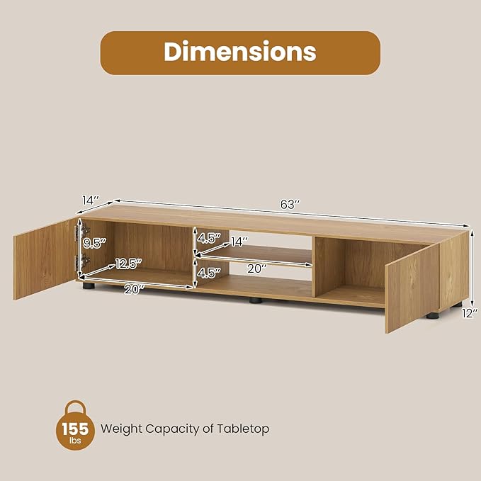 Tangkula Modern TV Stand for up to 70” TVs 63”L Minimalist Entertainment Center w/ 2 Doors &amp Open Shelves Media Console Table Storage Cabinet with 6 Support Feet for Living Room (Natural 63”L)