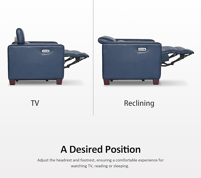 MCombo Zero Wall Recliner Chair Wall Hugger Power Recliner Chair with Power Headrest USB Charge Ports Wood Legs Modern Design for Living Room Small Spaces Faux Leather HL128 (Blue)