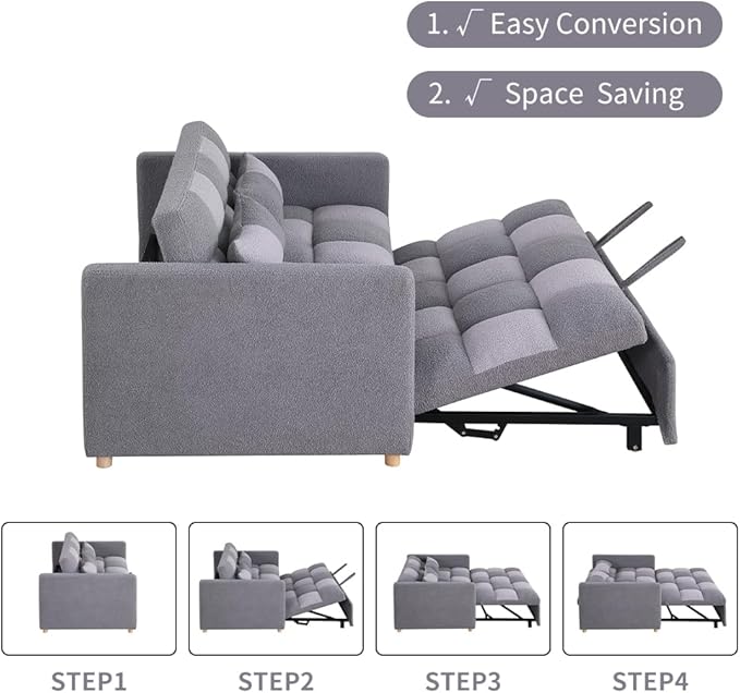 Loveseat Sleeper Sofa- 3 in 1 Convertible Sofa BedPull Out Couch with Adjustable BackrestMulti-Functional Lounge Chair with Teddy Fabric for Living RoomSmall Space (Grey)