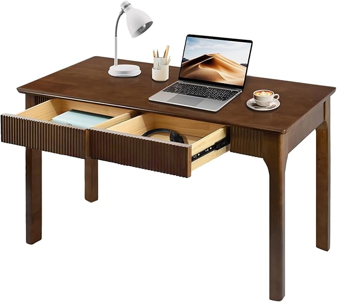 39.4'' Solid Wood Desk with 2 Drawers Mid Century Modern Home Writing Office Small Wooden Desk Vintage Computer Table with Storage for Living Room Bedroom Fluted Design Walnut(Walnut 39.4 Inch)