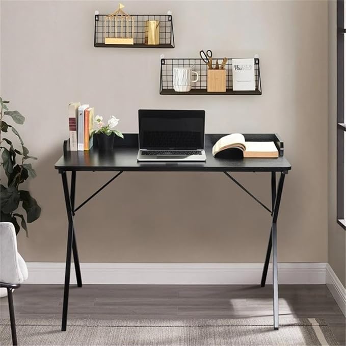 Pemberly Row Modern Black Wood Writing Desk 39.4 in x 18.9 in Metal Frame Sleek Finish Compact Design Spacious Desktop for Home Office Study or Computer Use