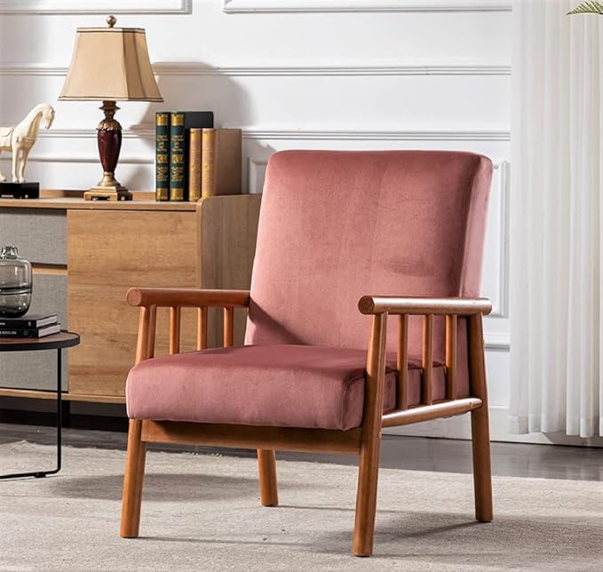 Container Furniture Classic Living Room Mid Century Modern Accent Chair with Unique Open-Framed Arm Design and Solid Wood Frame Velvet Armchair Rose