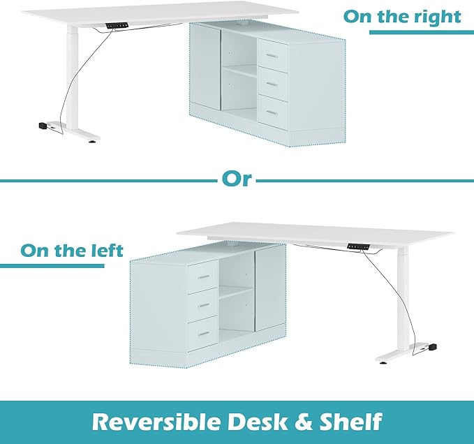 Homsee Home Office L Shaped Electric Standing Desk with Drawers and Shelves Height Adjustable &amp Shape Reversible Stand up Desk 63 Computer Executive Corner Table White