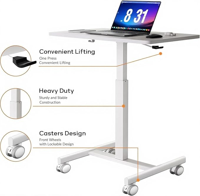 Mobile Standing DeskSmall Rolling DeskHeight Adjustable Rolling Cart with Lockable Wheels for Home Office Computer Workstationwith Hook White