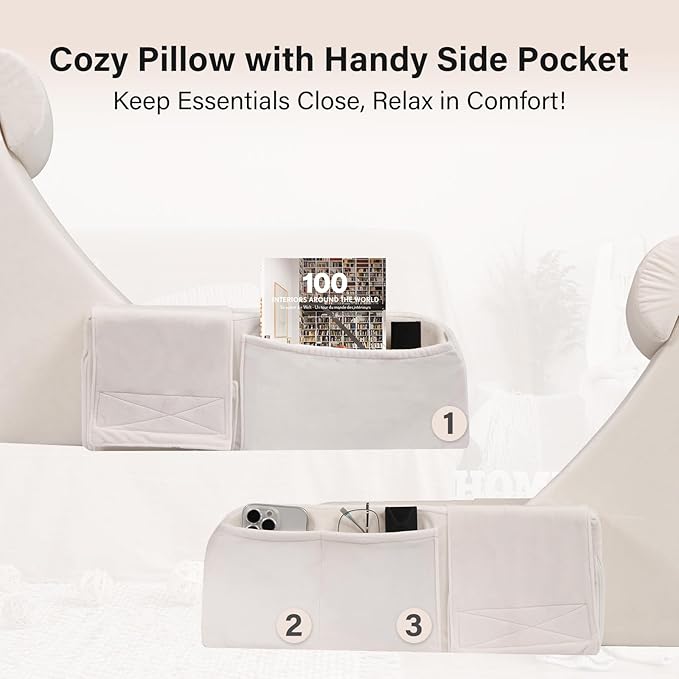 ENITYA 19 Back Pillow for Bed Sitting up Big Pockets and Washable Removable Cover Reading Chair for Watching TV/Reading/Gaming/Resting in Bed Couch or Floor Medium(Ivory)