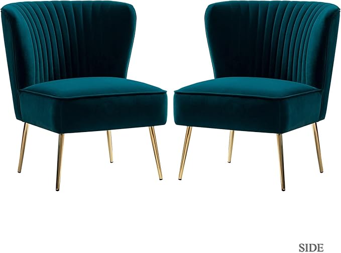 TINA'S HOME Velvet Accent Chair Set of 2 with Metal Golden Legs Upholstered Armless Slipper Chair with Wingback Mid Century Side Chair for Living Room Bedroom Makeup Vanity- Teal