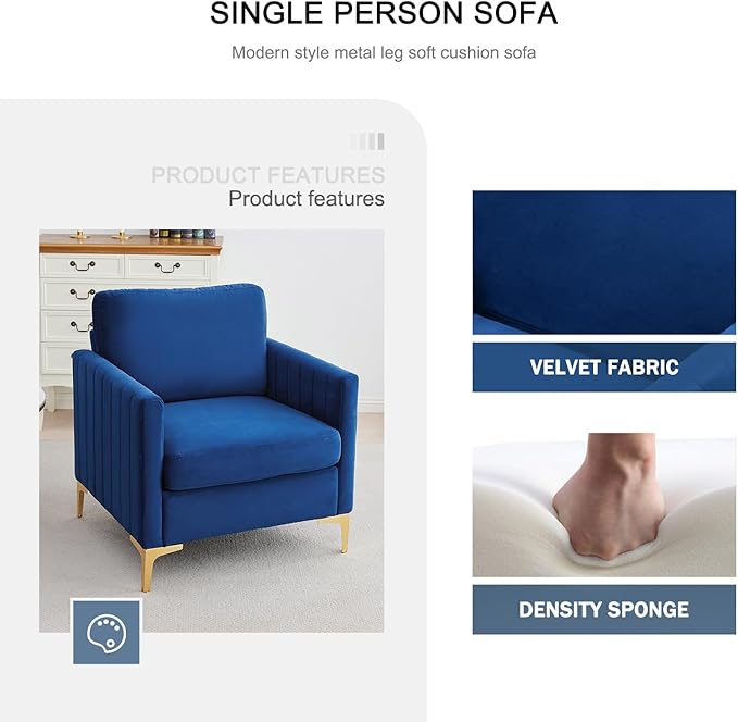 Kiztir Mid-Century Modern Velvet Accent Chair Comfy Upholstered Armchair for Living Room Bedroom Office Studio Lounge (Blue)