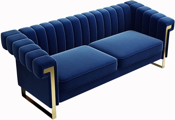 Mid-Century Modern Blue Velvet Sofa with Gold Metal Legs 83.86 Luxury Chesterfield Comfy Couches for Living Room (Velvet Blue)