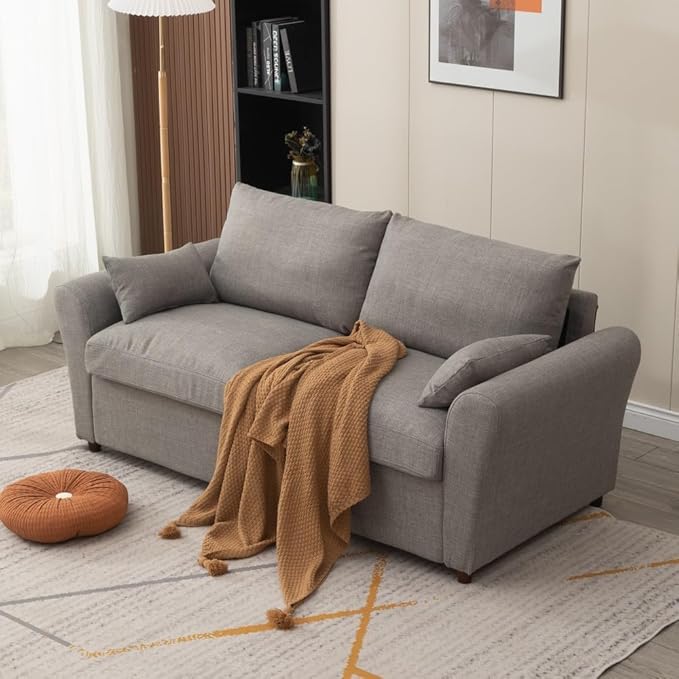 Panana Modern 3 Seater Couch Seette Linen Fabric Grey Sofa with Under Storage Compartment for Small Apartment 180 x 80 x 80cm (Light Grey Sock Arm)