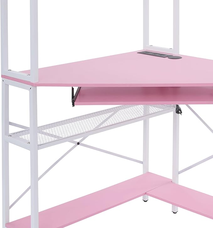 Corner DeskComputer Desk with Keyboard Tray with Power OutletsGaming Desk with LED LightTriangle Corner Desk Workstation with Bookshelves for Home Office Bedroom (Pink)