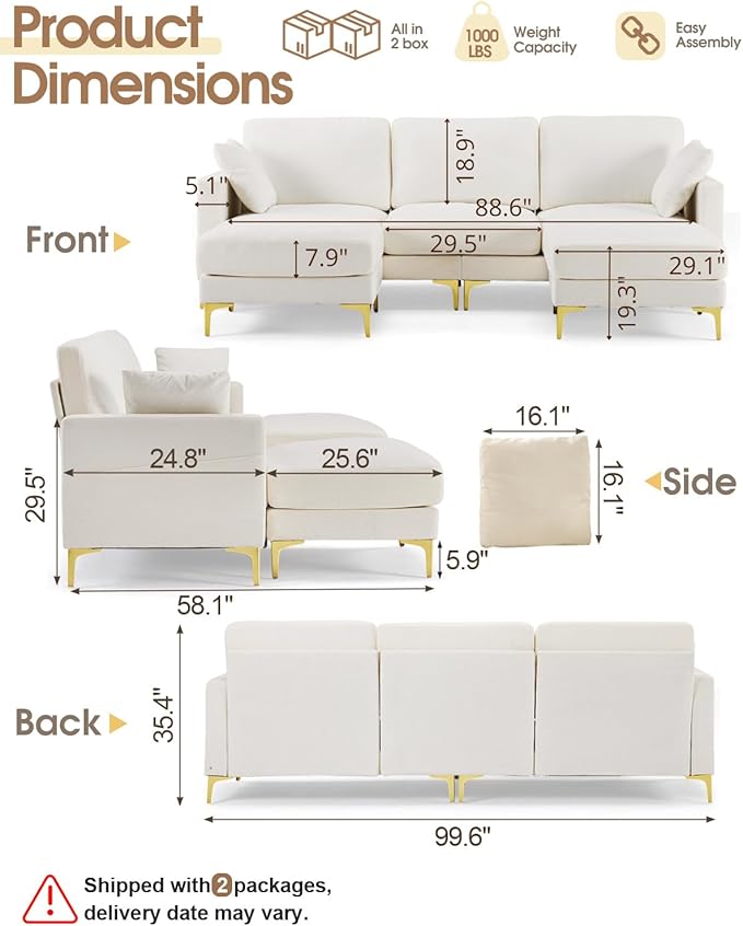 Karl home 99.6 Sectional Sofa U-Shaped Chenille Upholstered Couch with 2 Movable Ottomans 3-Seater Cloud Couches Comfy Deep Seat Sofa for Living Room Apartment Office Creamy