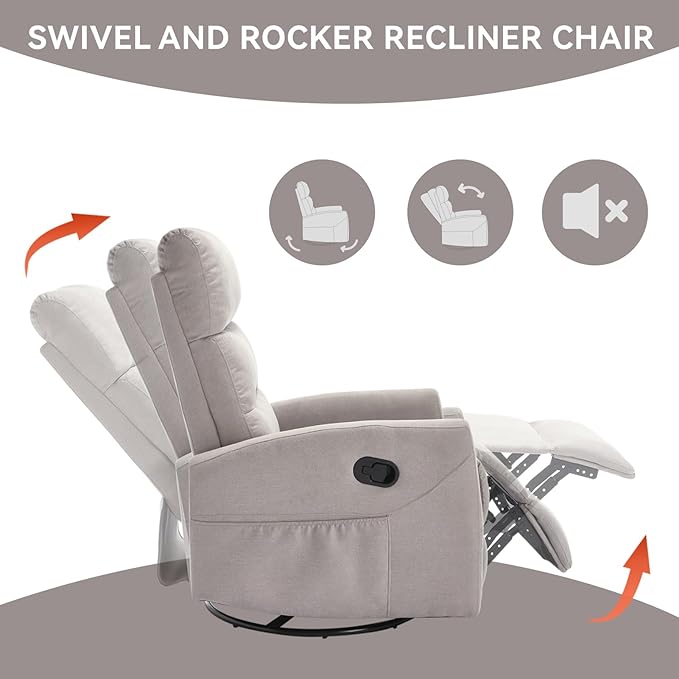 Swivel Rocking Recliner Chair Upholstered Glider Rocker with Adjustable Backrest and Footrest Modern Rocking Chair for Adults with 2 Pockets for Nursery Lounge Bedroom Living Room (Khaki)