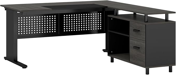 Oigavfd 63 Executive Desk with Drawers and Filing Cabinet L Shaped Computer Desk with Metal Frame and Privacy Baffle Home Office Workstation (Gray and Black)