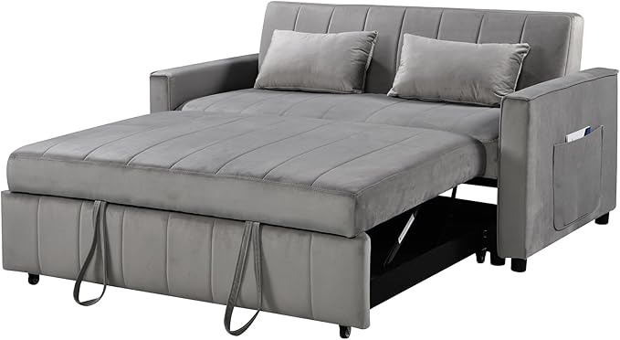 Kiztir Futon Sofa Bed 55.5 Small Loveseat Sleeper Sofa Comfy Velvet Pull Out Couch Bed with 3 Levels Adjustable Backrest and Side Pockets for Living Room Bedroom Apartment Small Spaces (A-Grey) |