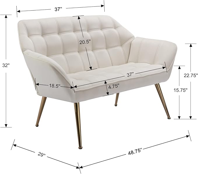 48 Small Loveseat for Small Spaces Upholstered Velvet Loveseat Sofa Mid Century Modern 2-Seater Couch with Armrest and Gold Legs for Bedroom Living Room Apartment Cream