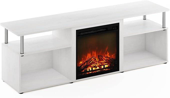 Furinno Jensen Open Storage Fireplace Entertainment Center for TV up to 70 Inch with Stainless Steel Tubes White Oak/Chrome