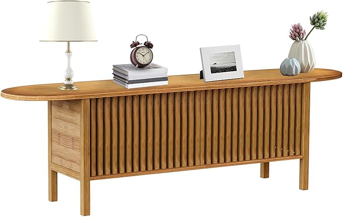 Bamboo TV Stand for TVs up to 65 Accent Entertainment Center with Storage Media Console Table with Fence Door Modern TV Stand for Living Room Bedroom 55(L) Walnut