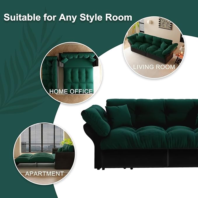 74.8 Queen Velvet Pull Out Sofa Bed 3-in-1 Convertible Sleeper Tufted Couch with 2 Soft Pillows Multi-Functional Folding Loveseat Bed Green