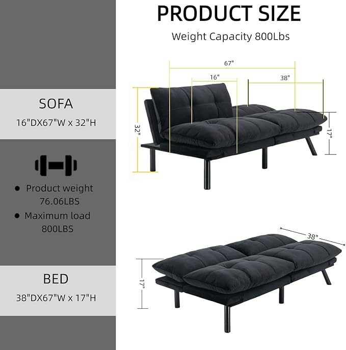 71-inch Microfiber Upholstered Futon Sofa Bed - 2 Seats Adjustable Arms/Back Iron Legs | Convertible to Sleeper for Main Living Spaces Bedrooms Offices (Black+2Seat)