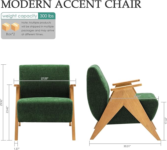 Home Accent Chair Mid Century Modern Accent Chair with Wood Frame Lounge Upholstered Armchair Reading Chair Sturdy BaseFor Living Room BedroomOfficeComfy Guest Waiting Room ChairsGreen