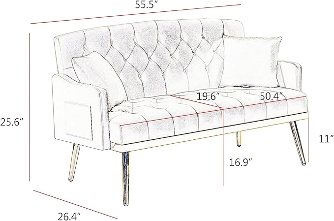 Velvet Tufted Small Loveseat Sofa Modern 2 Seater Small Sofa Couch with Gold Metal Legs and 2 Pillows for Living Room (Black)