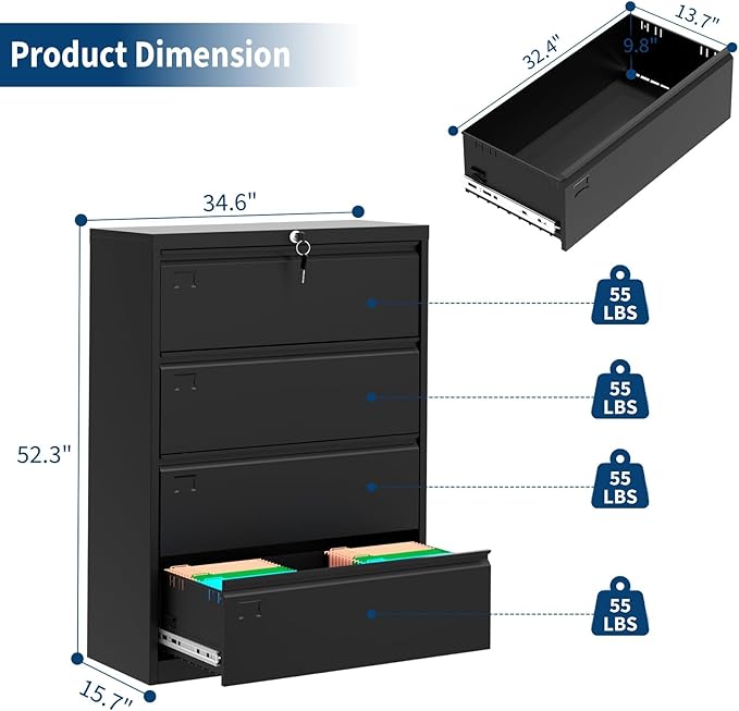 4-Drawer Lateral File Cabinet with Lock Heavy Duty Metal Filing Cabinet for Letter/Legal/A4 Documents Space-Saving Office Storage Organizer for Home Office Easy Assembly Black