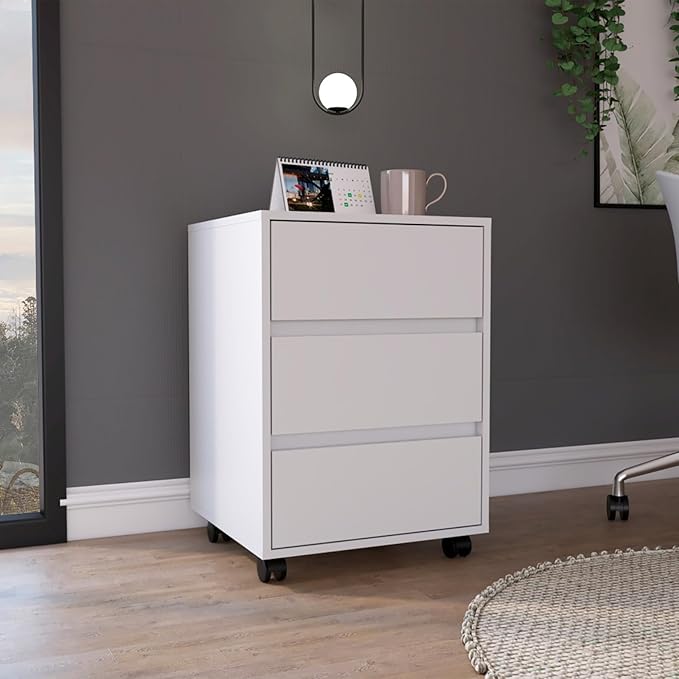 Hassyee Modern Design 3 Drawer Filing Cabinet with Four Casters and Locking Mechanism Home Office Storage Cabinet for A4 and Letter Size File